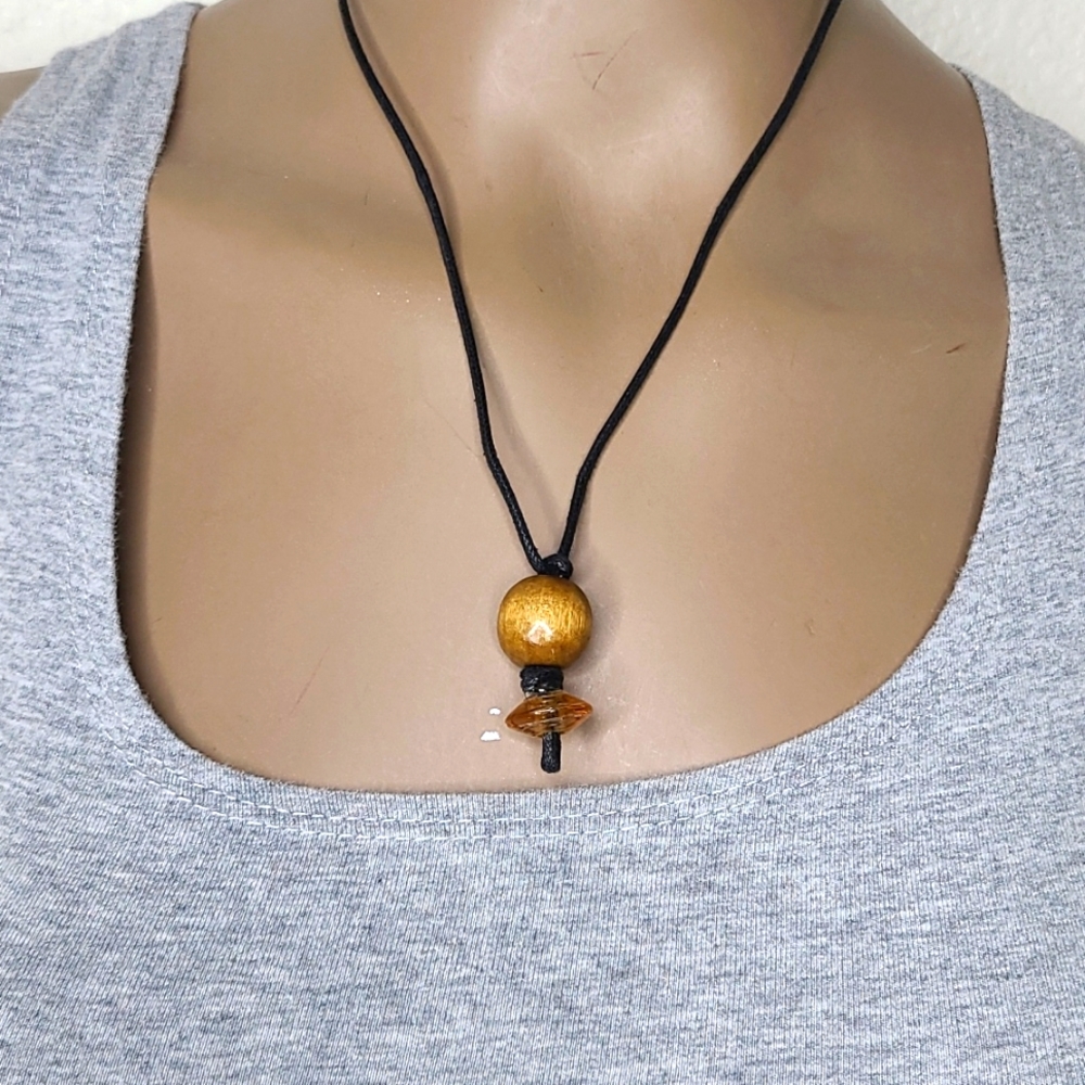 Men's Pendant Necklace Black Cord Brown Wood Glass Handmade Unique Unisex Gift
